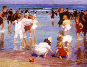 "Happy Days" by Edward Henry Potthast, children joyfully playing at the beach.