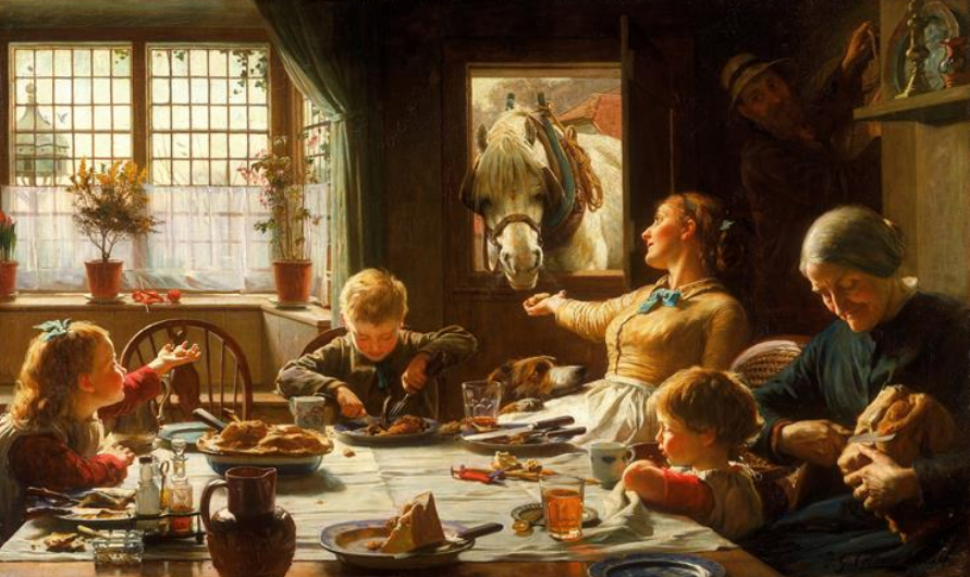 "One of the Family" by Frederick George Cotman depicts a cozy family meal scene.